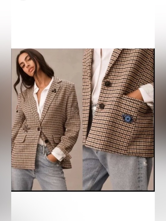 Anthropologie Applique Patches Houndstooth Blazer Sz S - Picture 11 of 11